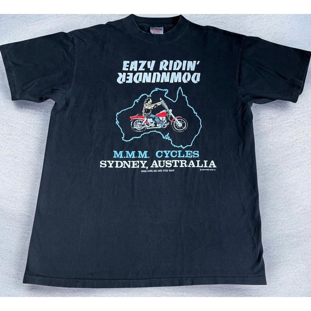 Vintage Oneita Eazy Ridin Downunder MMM Cycles Sydney Australia Biker T-Shirt XL